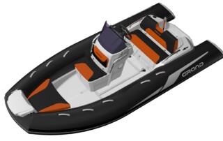 Top front view of GRAND Golden line 13’9″ long luxury rigid inflatable boat (RIB) tender in black and light grey with orange upholstery, towing mast, steering console, and bow step plate.