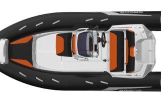 Top view of GRAND Golden line 13’9″ long luxury rigid inflatable boat (RIB) tender in black and light grey with orange upholstery, towing mast, steering console, and bow step plate.