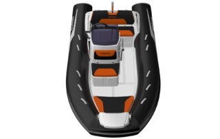 Top front view of GRAND Golden line 13’9″ long luxury rigid inflatable boat (RIB) tender in black and light grey with orange upholstery, towing mast, steering console, and bow step plate.