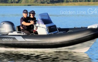 GRAND golden line luxury rigid inflatable boat (RIB) tender in black, 13’9″ long.