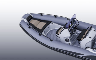 GRAND Goldenline G680 luxury RIB boat that is 22'3" long, rated for 200HP, passenger capacity of 12 persons. Top angle view of bow and cockpit.