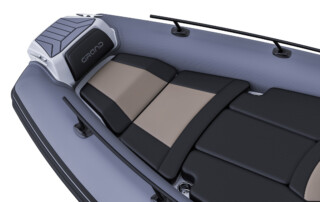 GRAND Goldenline G680 luxury RIB boat that is 22'3" long, rated for 200HP, passenger capacity of 12 persons. Bow sundeck close up view.