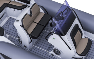 GRAND Goldenline G680 luxury RIB boat that is 22'3" long, rated for 200HP, passenger capacity of 12 persons. Cockpit steering console and driver's seat close up view.