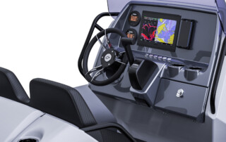 GRAND Goldenline G680 luxury RIB boat that is 22'3" long, rated for 200HP, passenger capacity of 12 persons. Console panel close up view.