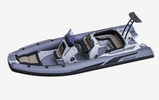 GRAND Goldenline G680 luxury RIB boat that is 22'3" long, rated for 200HP, passenger capacity of 12 persons. Top angle view.