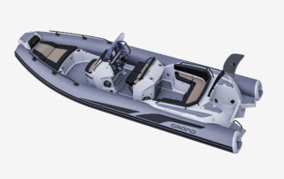 GRAND Goldenline G680 luxury RIB boat that is 22'3" long, rated for 200HP, passenger capacity of 12 persons. Top angle view.