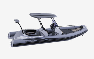 GRAND Goldenline G680 luxury RIB boat that is 22'3" long, rated for 200HP, passenger capacity of 12 persons. Starboard side view.