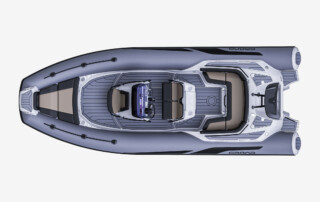 GRAND Goldenline G680 luxury RIB boat that is 22'3" long, rated for 200HP, passenger capacity of 12 persons. Top view horizontal.