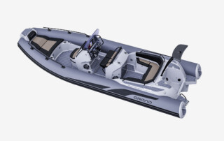 GRAND Goldenline G680 luxury RIB boat that is 22'3" long, rated for 200HP, passenger capacity of 12 persons. Top angle view.